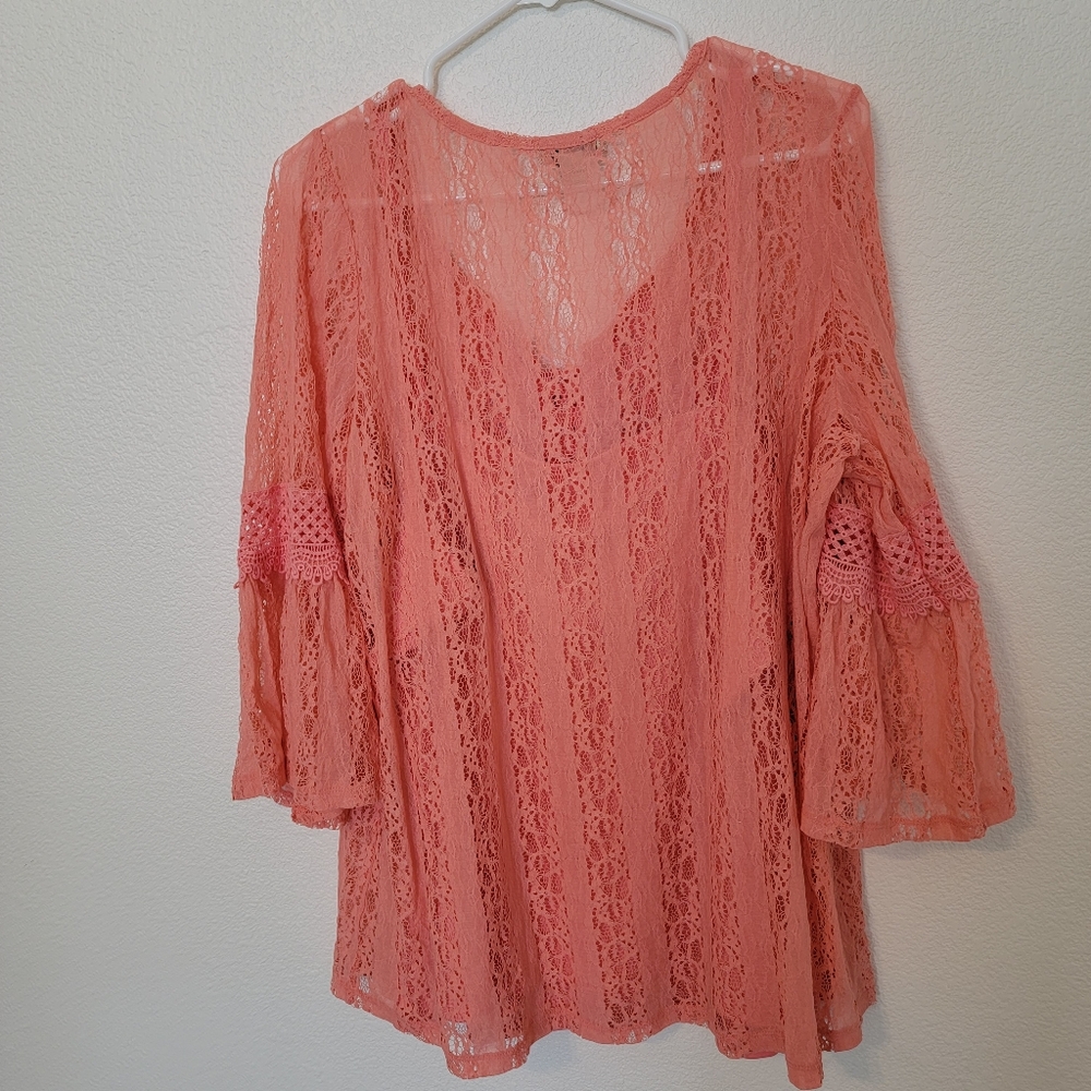 One World Coral Lace Boho Top Sz 2X - Picture 4 of 10